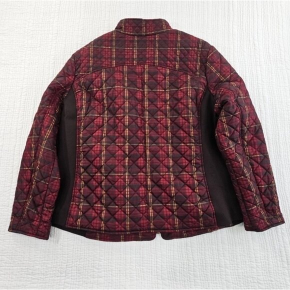 Women's Full Zip Puffer Jacket 3X (22W-24W) Maroon Plaid EUC Snap Pockets LS - Picture 2 of 14
